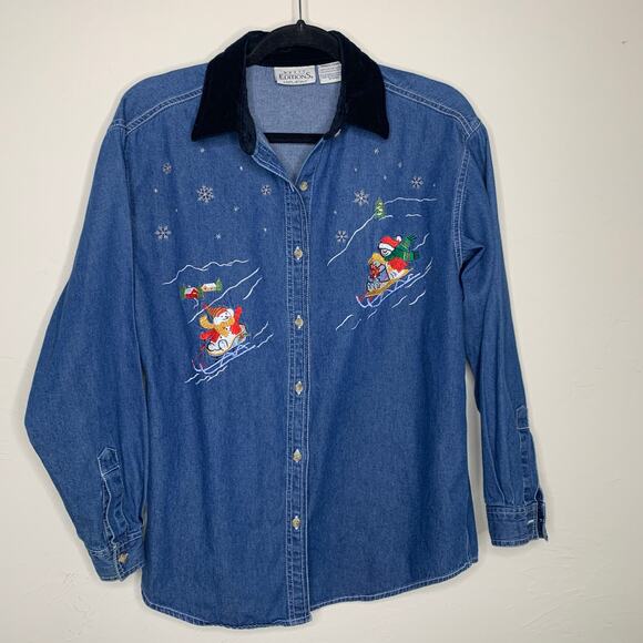 Skiing Snowman Holiday Denim Shirt Velvet Collar Sz Small - Picture 1 of 6